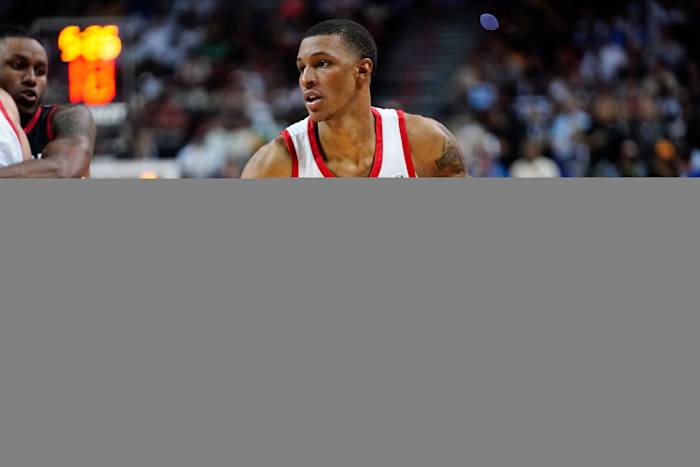 Jul 7, 2023; Las Vegas, NV, USA; Houston Rockets forward Jabari Smith Jr. (10) dribbles the ball against the Portland Trail Blazers during the second half at Thomas & Mack Center. Mandatory Credit: Lucas Peltier-USA TODAY Sports
